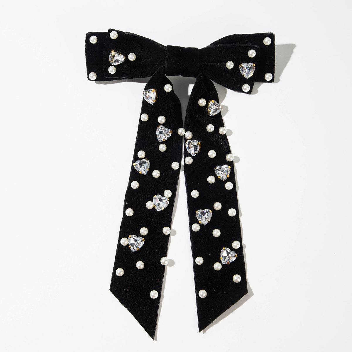 Velvet Bow Hair Clip with Heart Shaped Diamond and Pearls