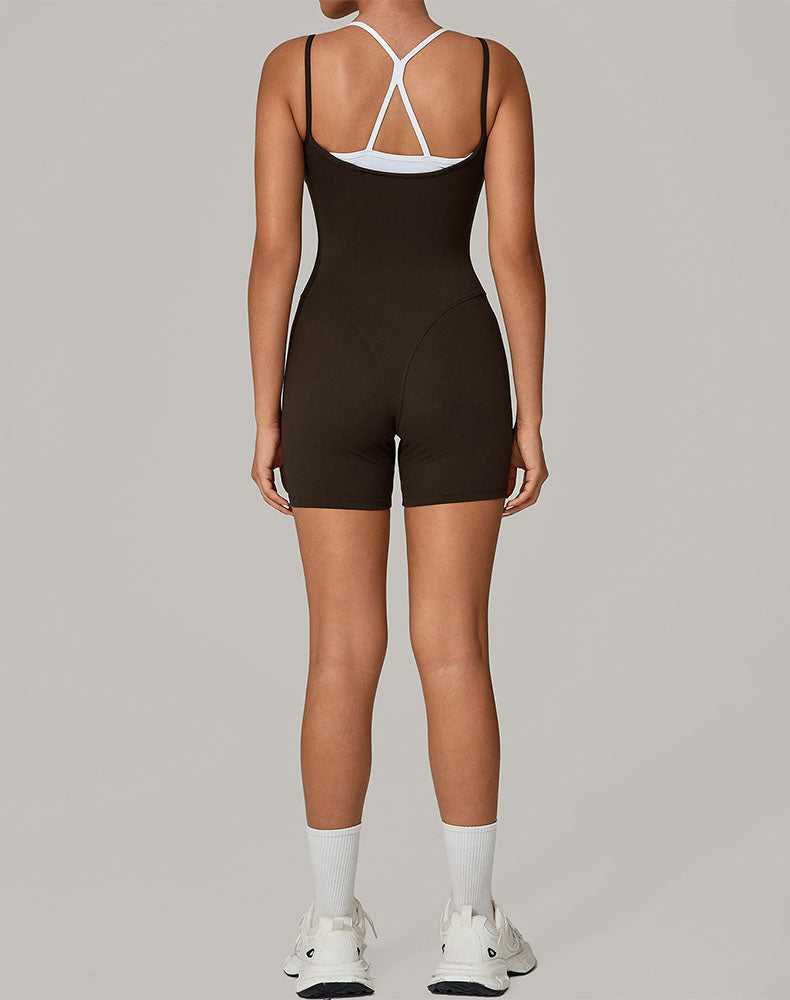 Fake Two Piece Short Bodysuit One Piece Athletic Jumpsuit