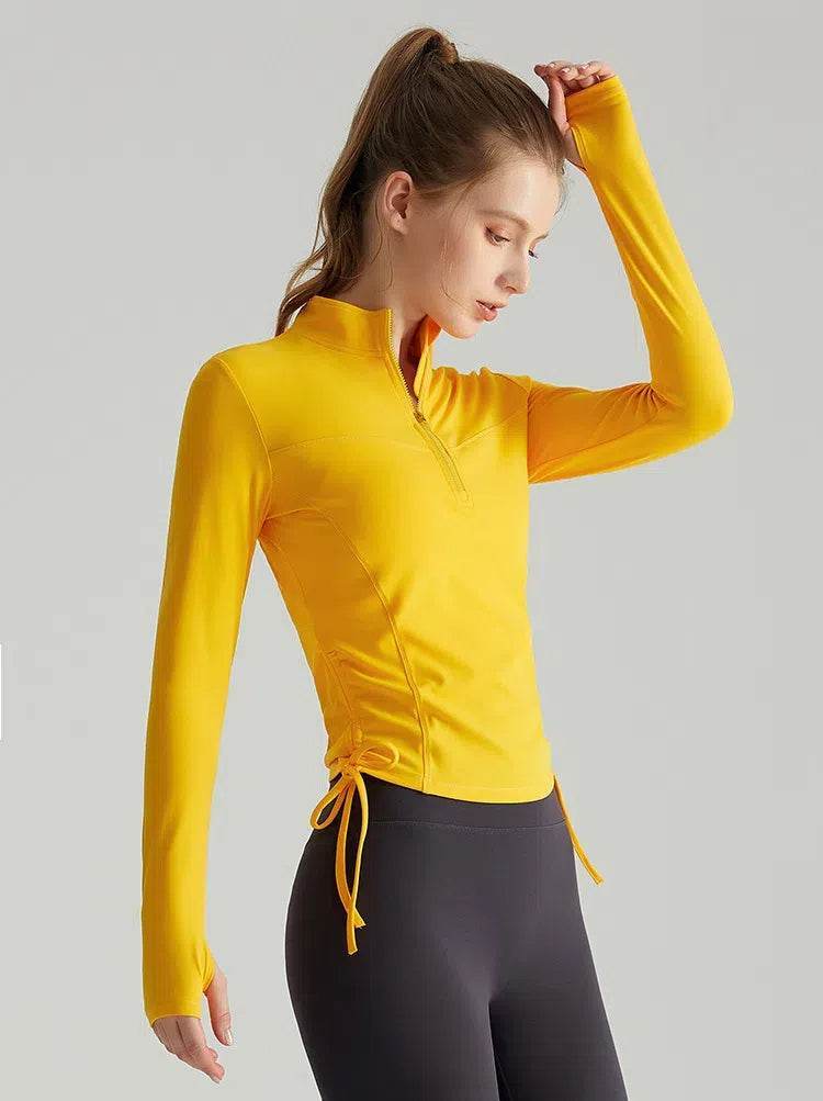 Long Sleeve Standing Collar Fitness T-Shirt With Drawstring
