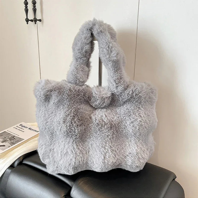 Fluffy Tote Bag Large Fur Winter Fuzzy Shoulder Handbag - Gray