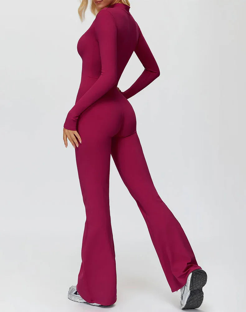 Long Sleeve Flare Workout Jumpsuit Zip Up Wide Leg Bodysuit -