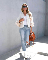 Denim Spliced Waffle Knit Cropped Jacket