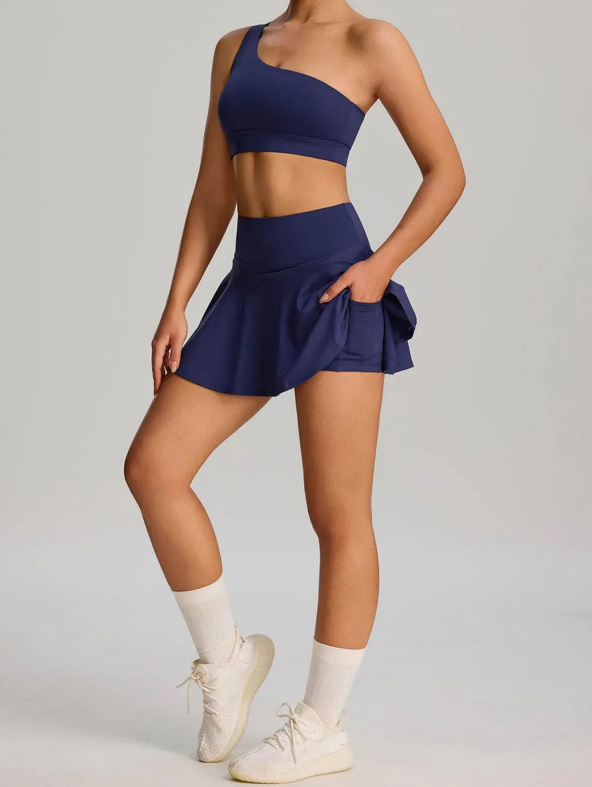 Sport Wear Set with One Shoulder Strap Bra and Skirt -