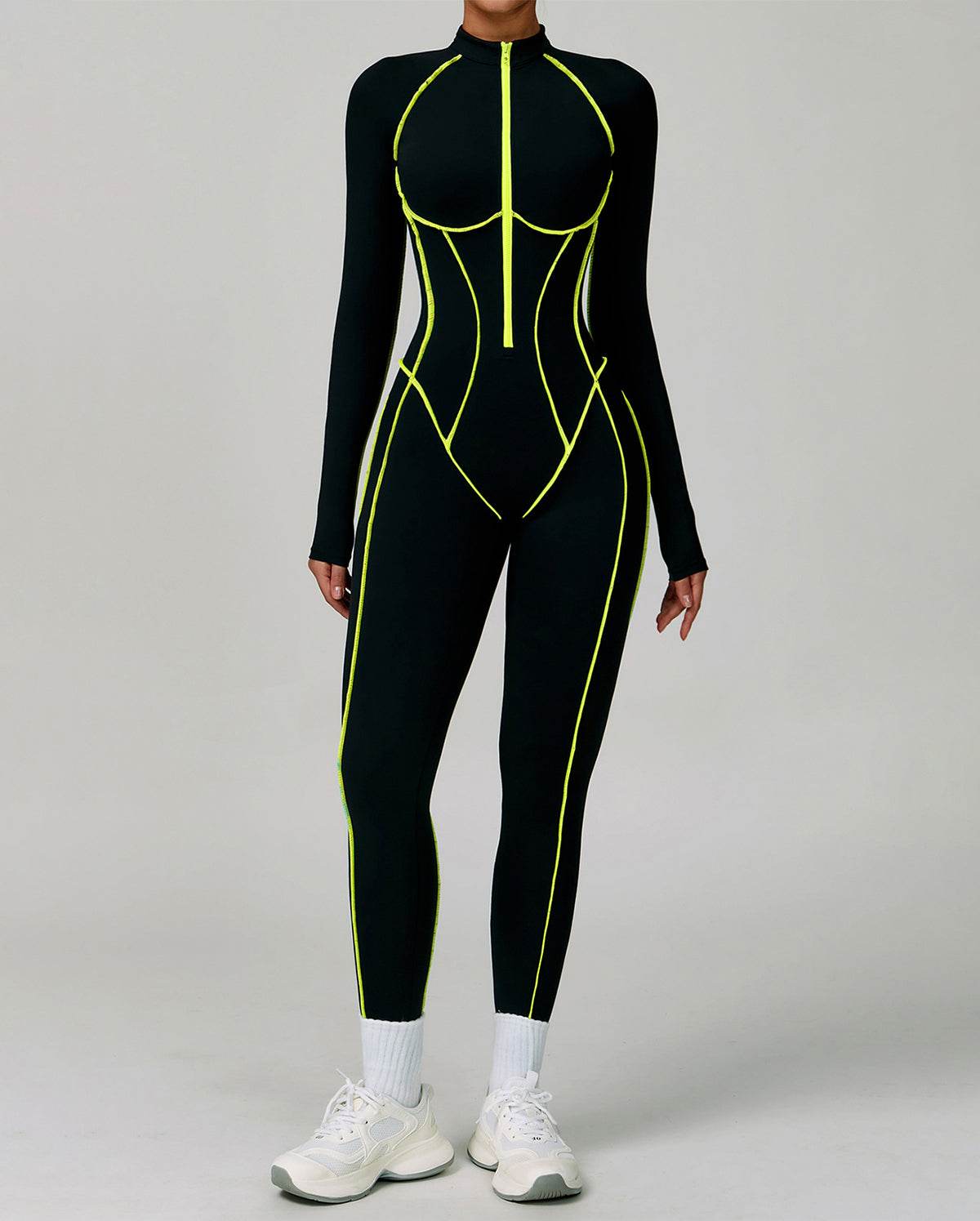 Three Dimensional Line Sports Backless Long Sleeve Jumpsuit