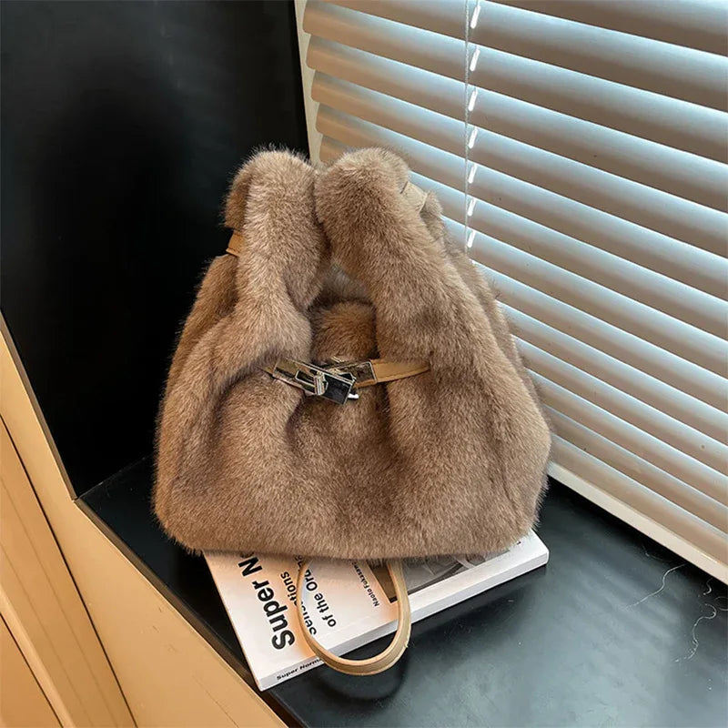 Fuzzy Shoulder Handbag Fluffy Plush Bucket Crossbody Bag - Brown