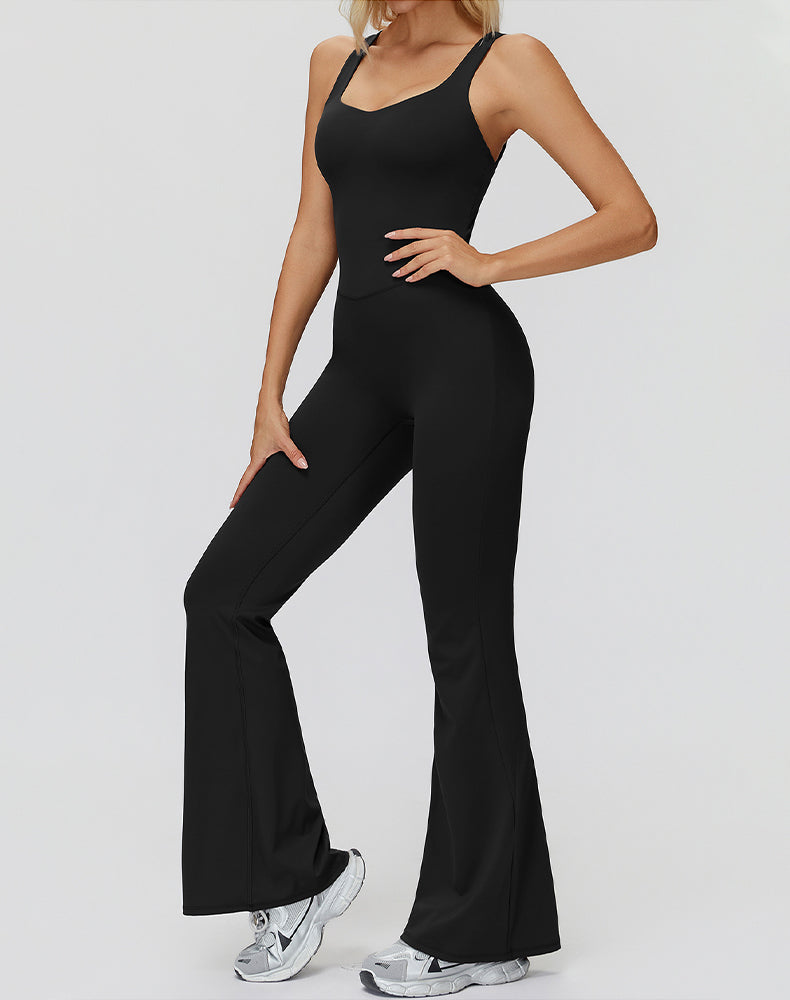 Cross Back One Piece Jumpsuit Yoga Flare Leg Rompers