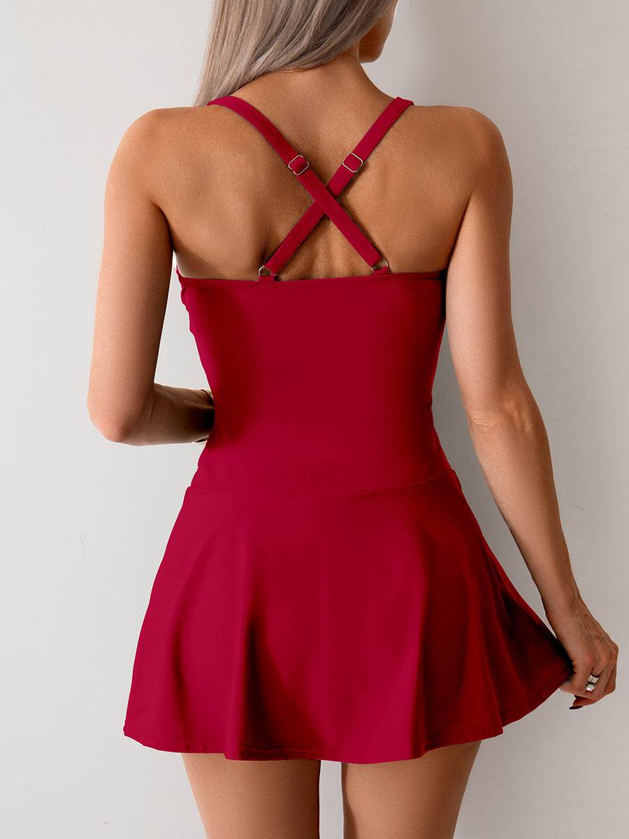Crossover Ruched Skirt One Piece Swim Dress
