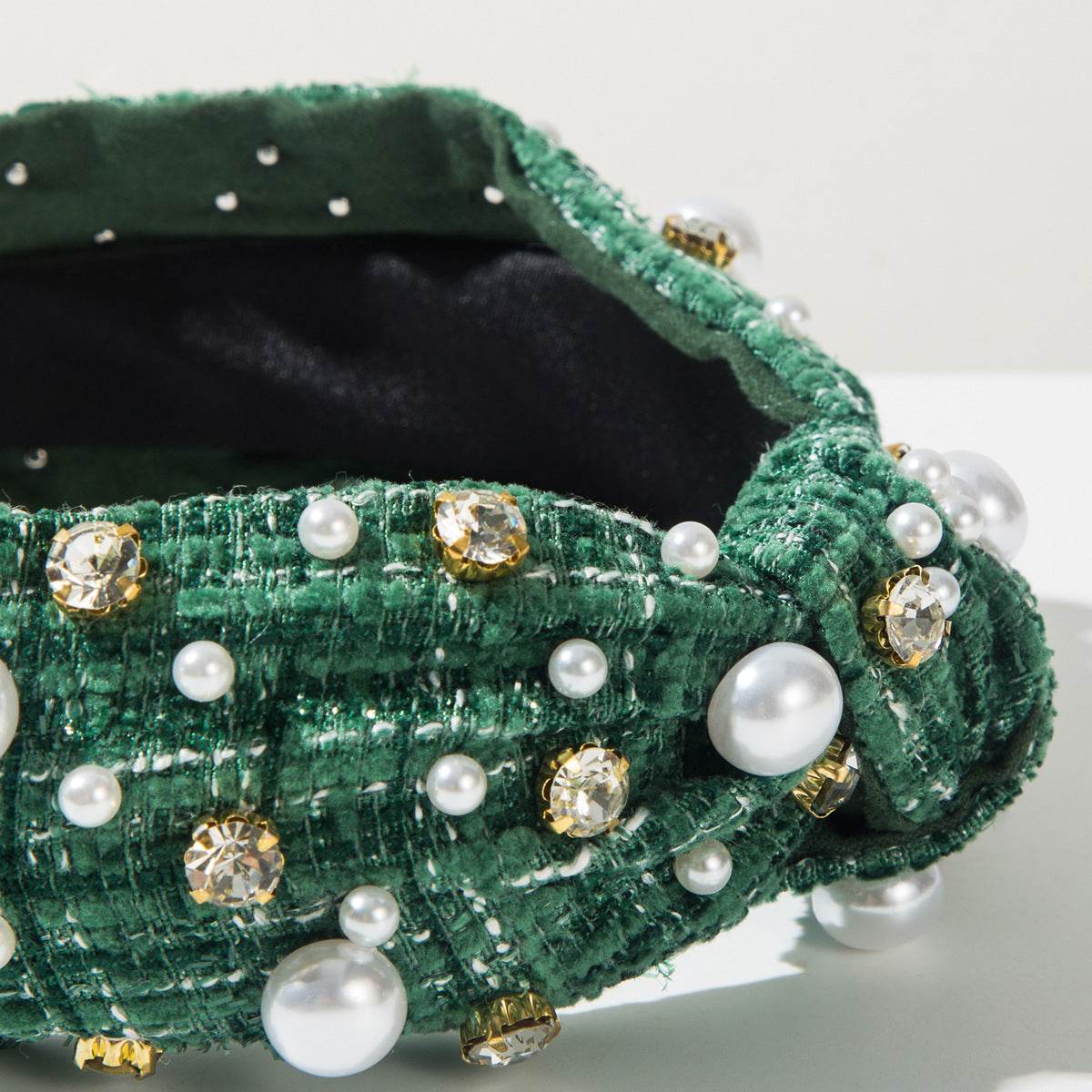 Classic Tweed Fabric Knotted Headband with Pearl and Rhinestone