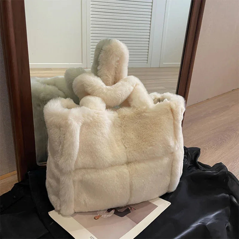 Winter Soft Plush Shoulder Handbag Bag Large Fluffy Tote Bag -
