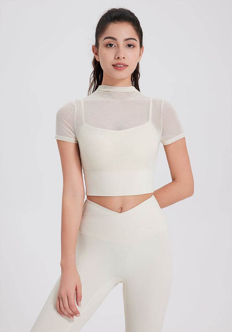 Mesh Fitness Crop T-Shirts with Built-in Chest Pad - Cream Apricot