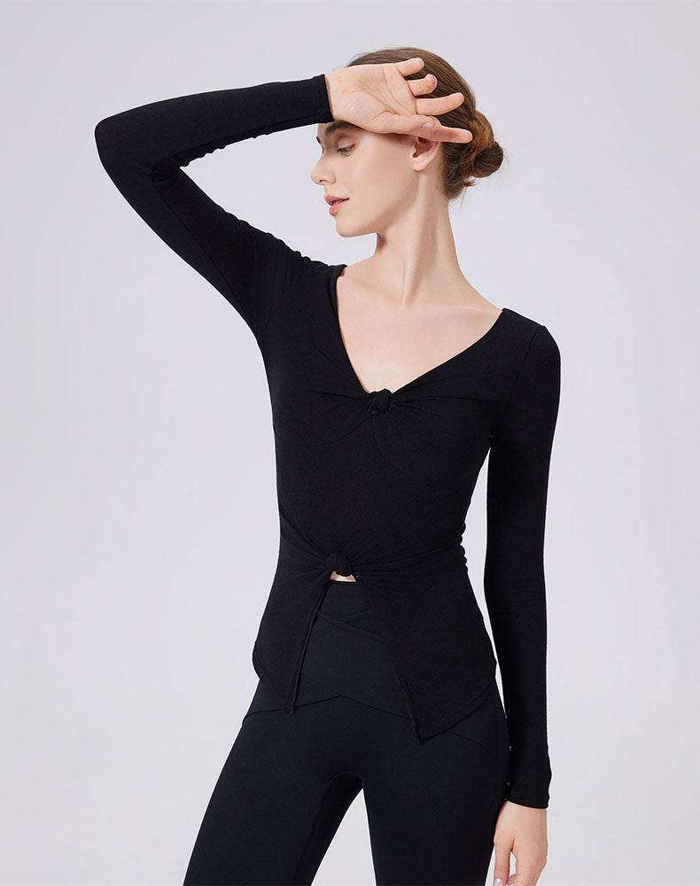 V Neck Twist Knot T-Shirts Long Sleeve Split Slim Fit Tops