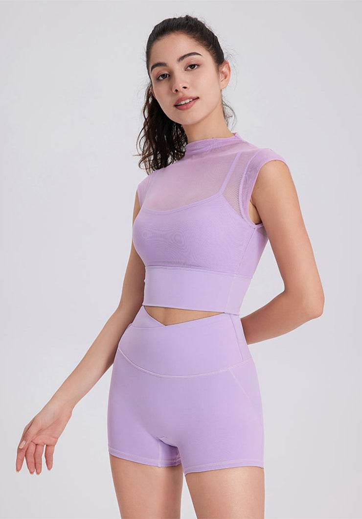 Mesh Yoga Crop T-Shirts with Built-in Chest Pad