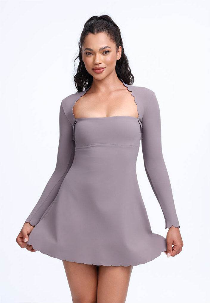 Scalloped Wavy Edge Long Sleeve Tennis Dress - Khaki Brown