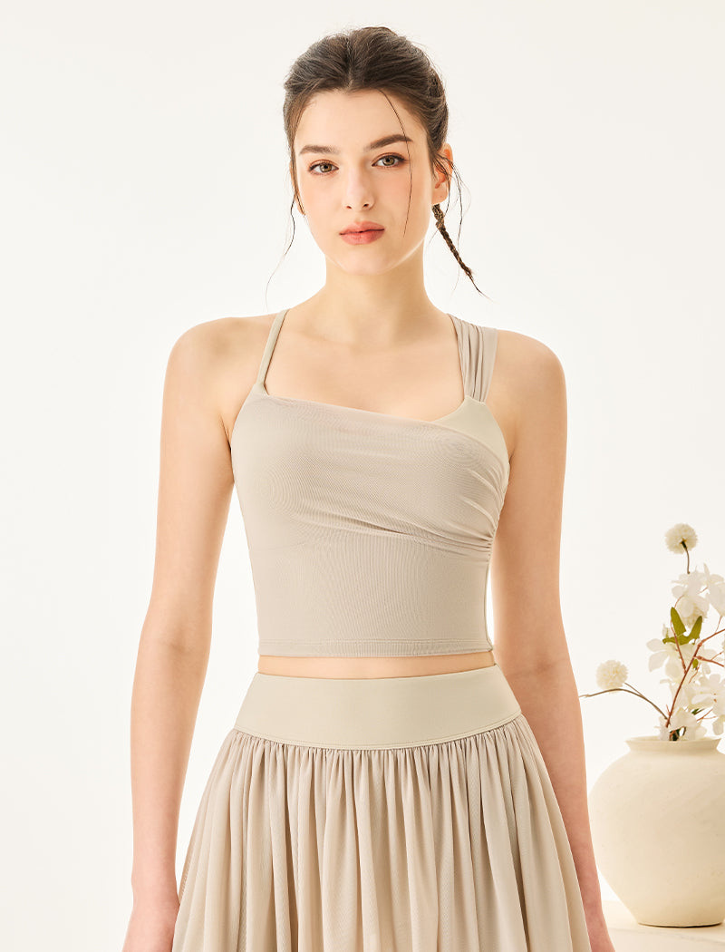 Asymmetrical Shoulder Straps Mesh Tank Top Criss Cross Shirt