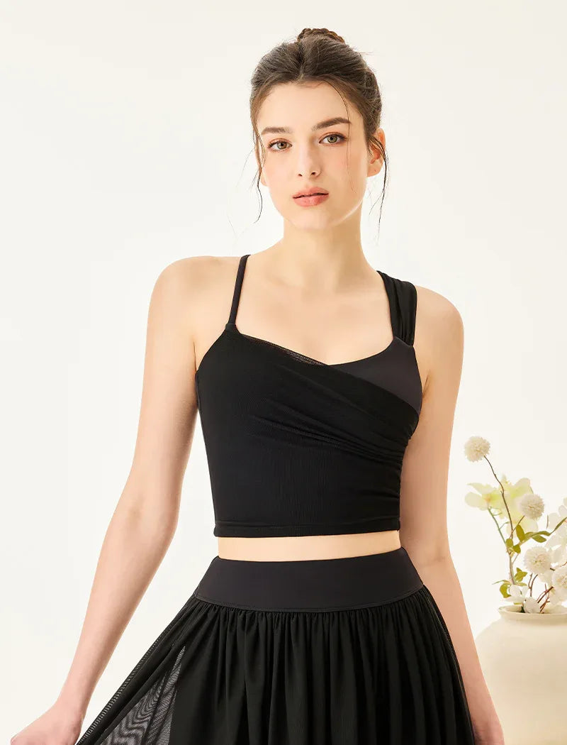 Asymmetrical Shoulder Straps Mesh Tank Top Criss Cross Shirt - Black