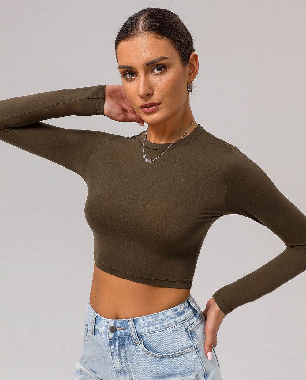 Basic Long Sleeve Fitted Crop Tee Shirt -