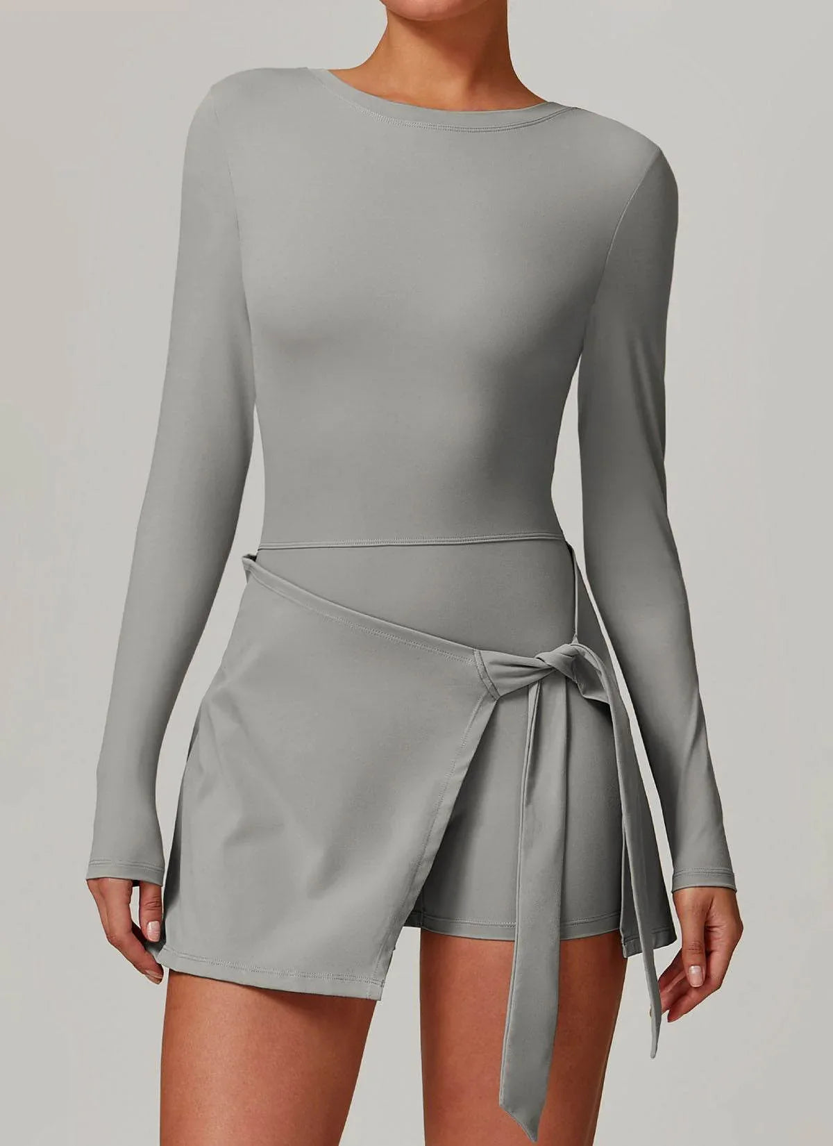 Long Sleeve Tennis Jumpsuit Dress With Shorts - Rhino Gray
