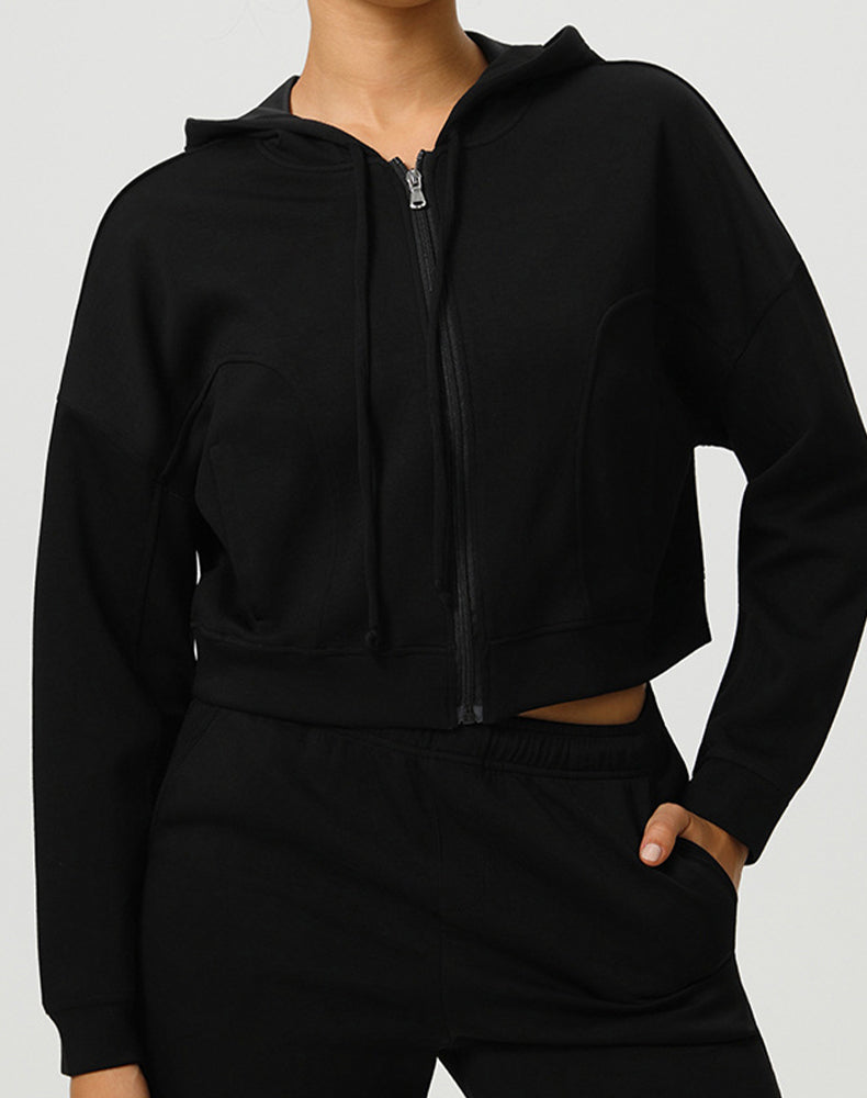 Long Sleeve Hooded Zip Up Casual Crop Coat with Pockets