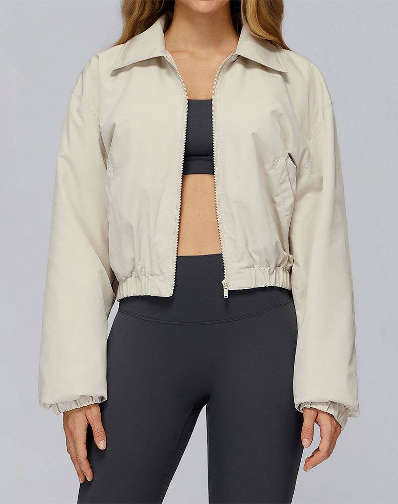 Stand Collar Casual Jacket Long Sleeve Tight Hem Crop Tops -