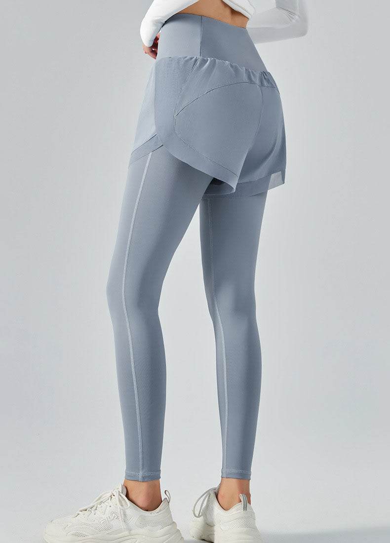 False Two Pieces Sports Leggings with Pockets Shorts