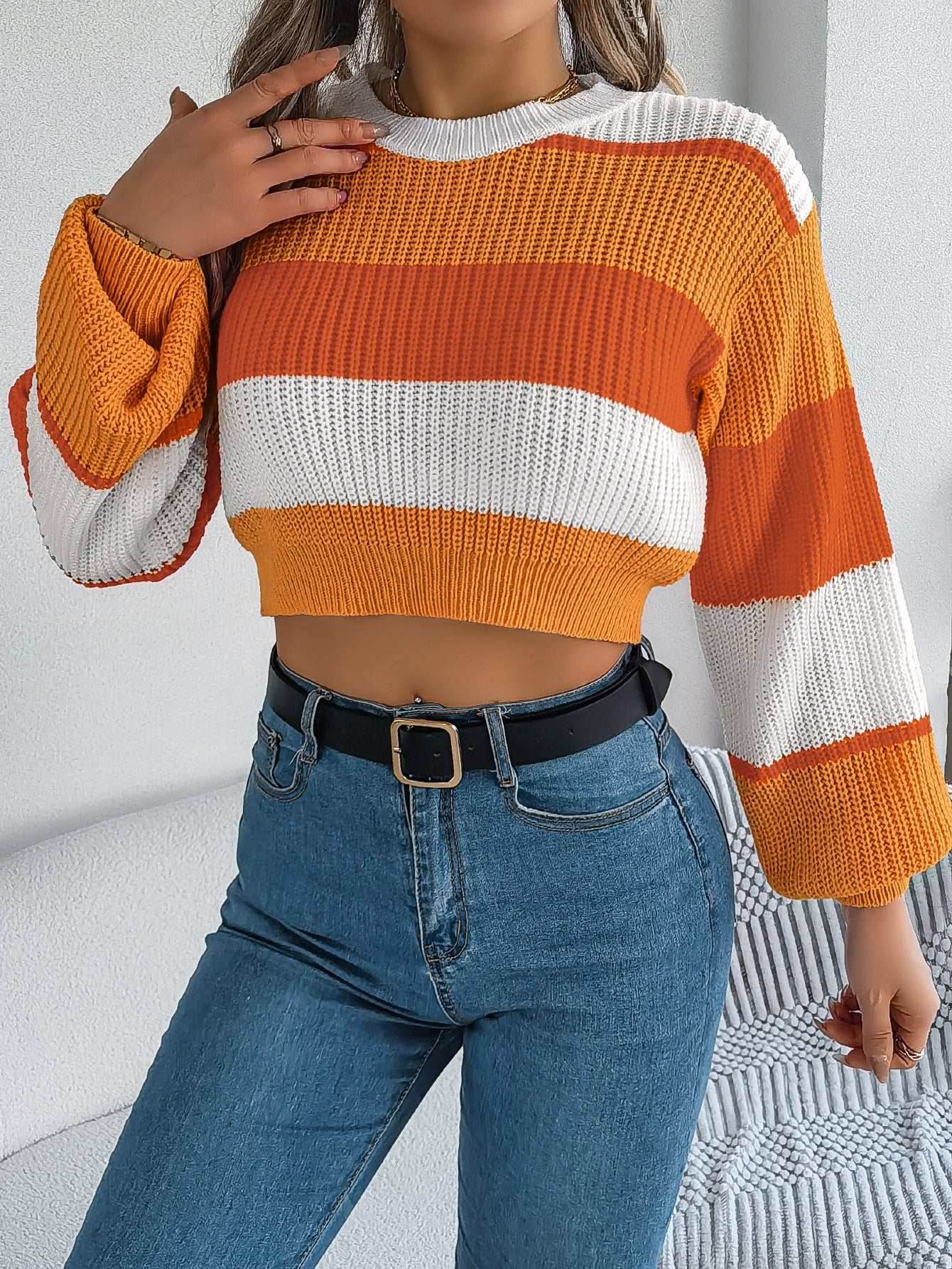 Colorblock Lantern Sleeve Crop Pullover Sweater