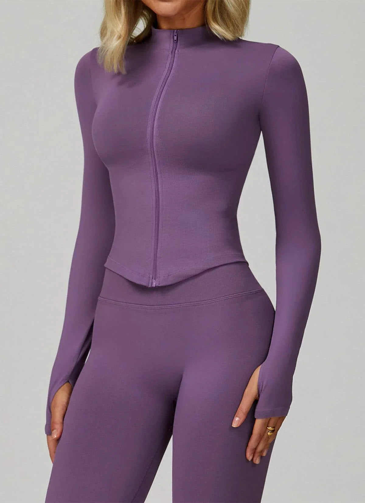 Full Zip Cropped Workout Jacket with Thumb Holes -