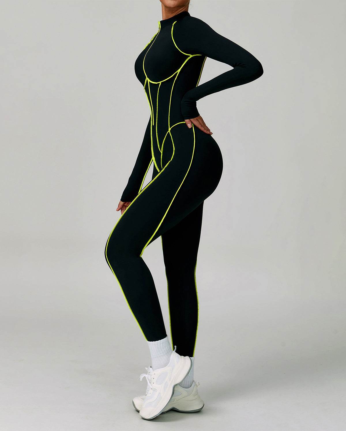 Three Dimensional Line Sports Backless Long Sleeve Jumpsuit
