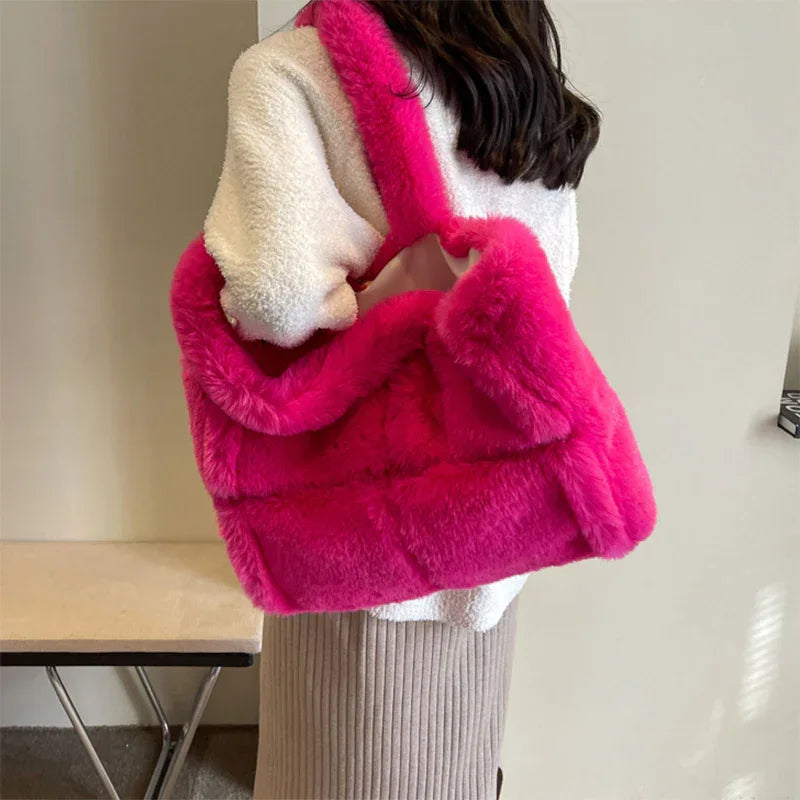 Winter Soft Plush Shoulder Handbag Bag Large Fluffy Tote Bag -