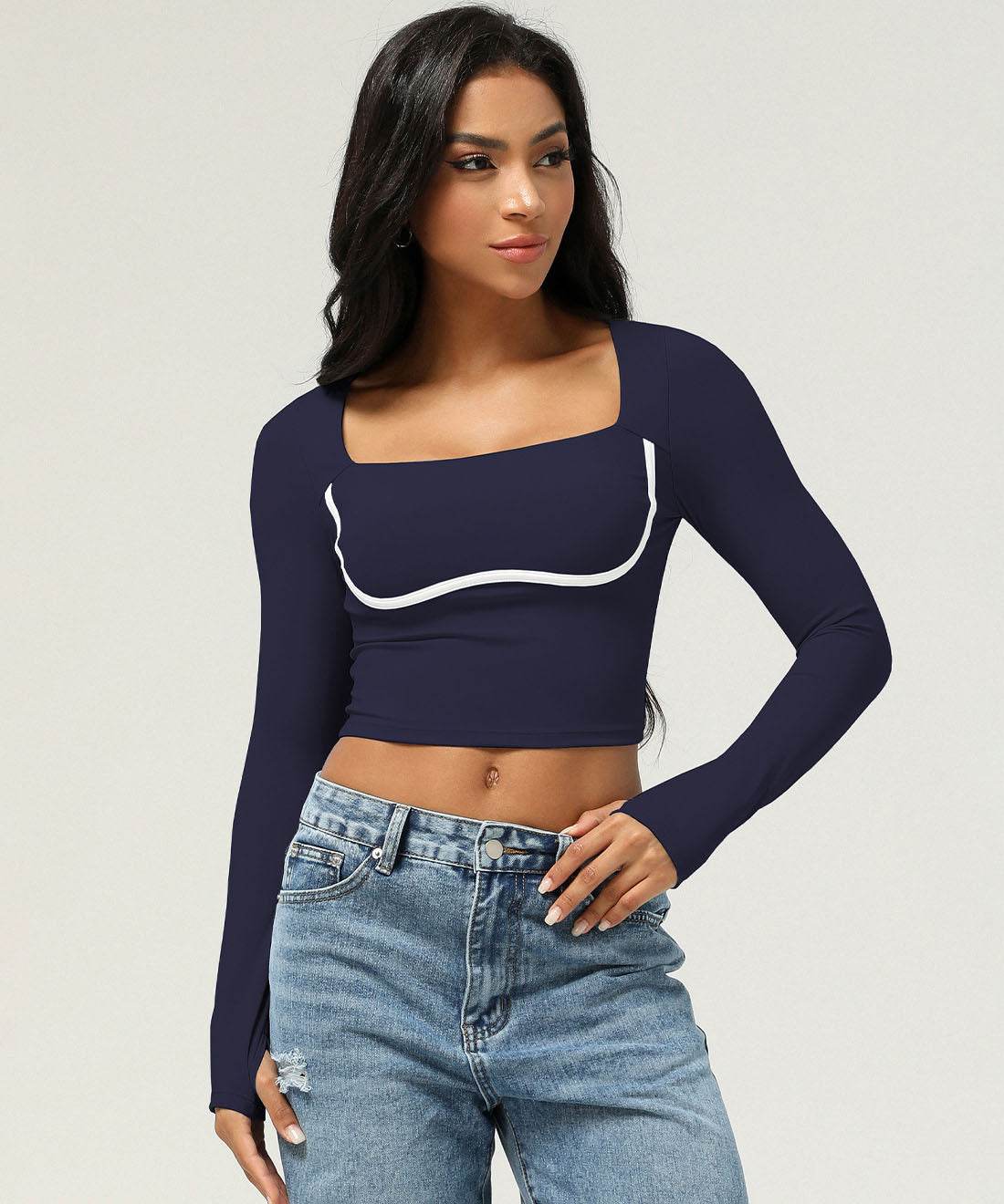 Square Neck Long Sleeve Slim Fitted Crop T-Shirt