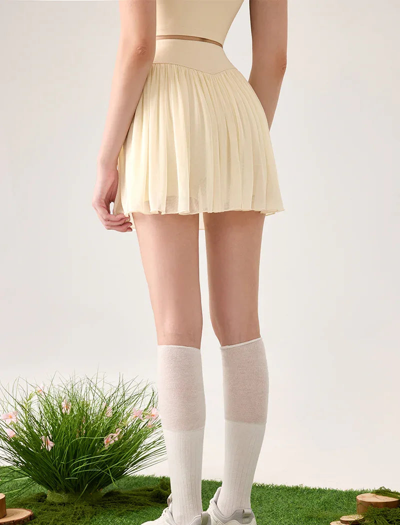 Mesh Sheer Pleated Skirt Tulle Skirt with Short and Pocket