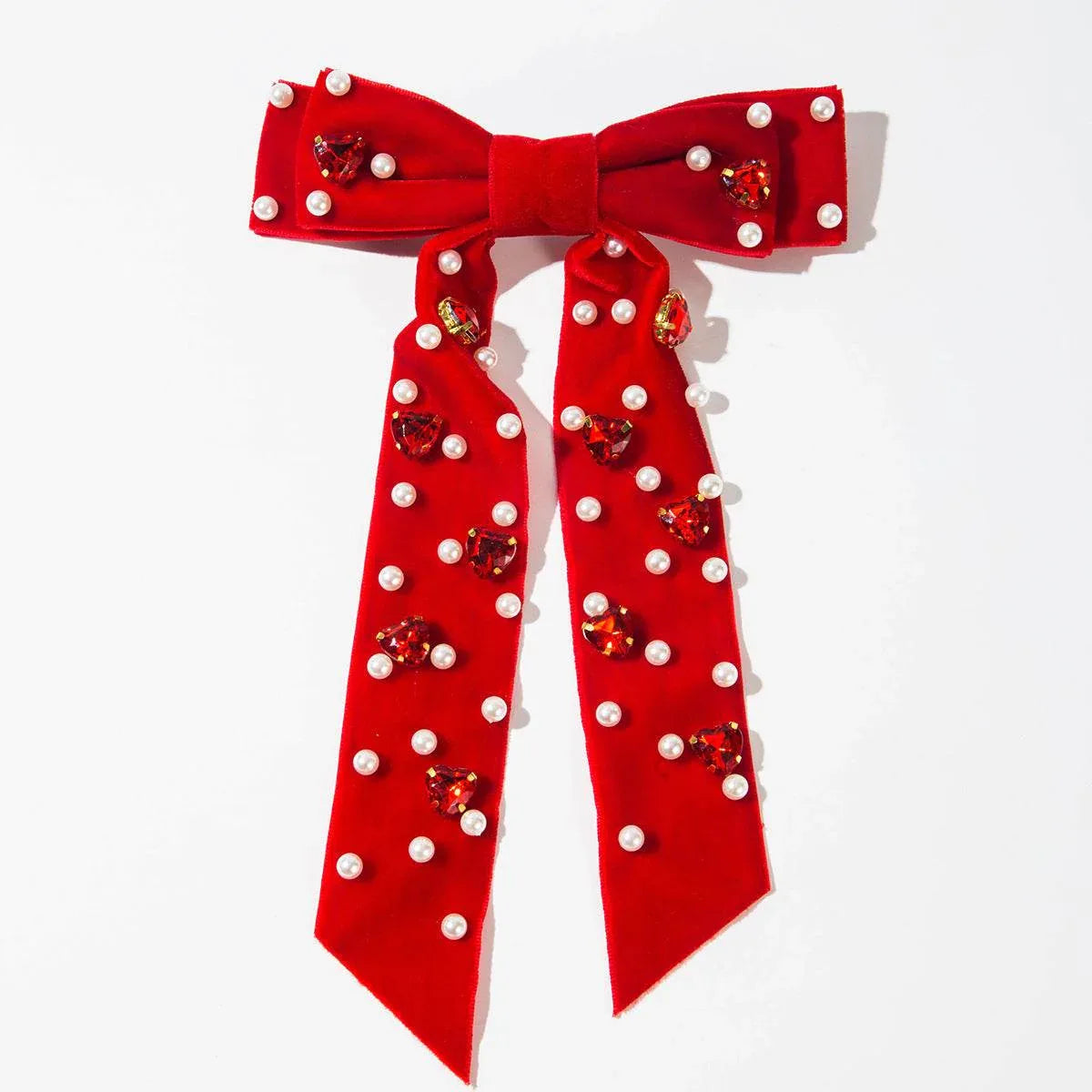 Velvet Bow Hair Clip with Heart Shaped Diamond and Pearls - Red