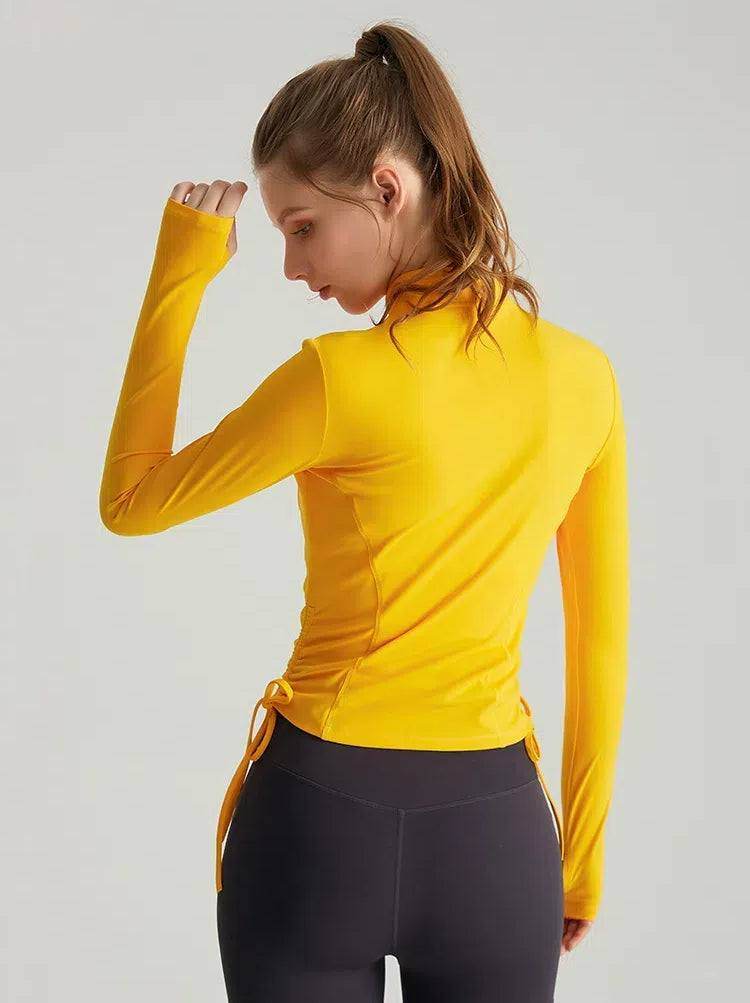 Long Sleeve Standing Collar Fitness T-Shirt With Drawstring