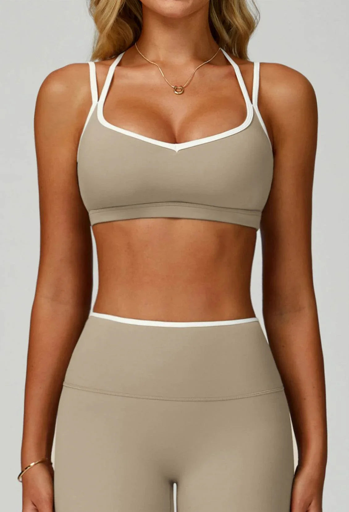 Double Shoulder Straps Sports Bras with Removable Chest Pad - Linen