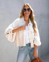 Denim Spliced Waffle Knit Cropped Jacket