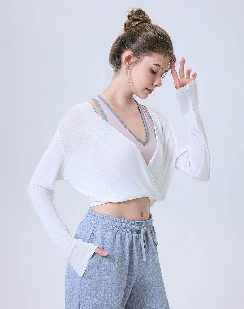 Long Sleeve Fake Two Piece Crop Top V Neck Yoga T-Shirt