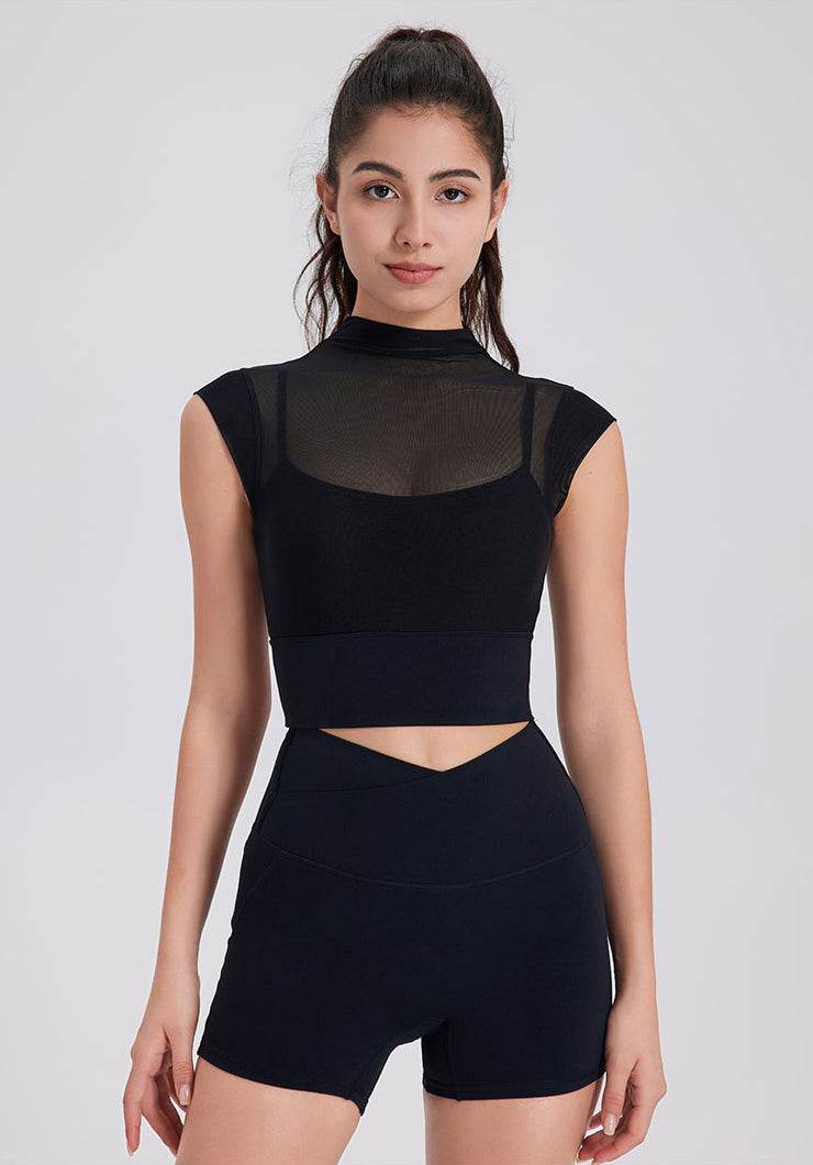 Mesh Yoga Crop T-Shirts with Built-in Chest Pad