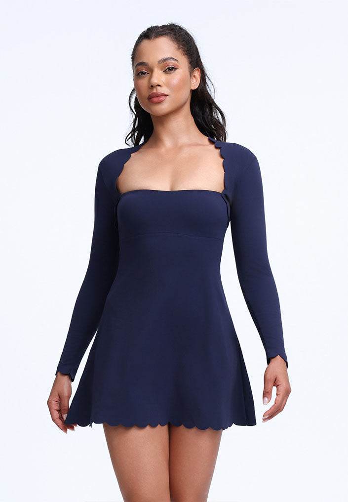 Scalloped Wavy Edge Long Sleeve Tennis Dress - Navy Blue