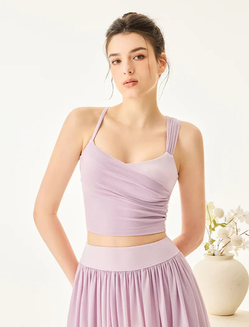 Asymmetrical Shoulder Straps Mesh Tank Top Criss Cross Shirt - Pink