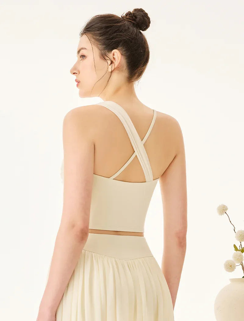 Asymmetrical Shoulder Straps Mesh Tank Top Criss Cross Shirt -