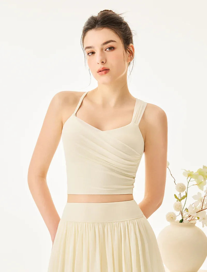 Asymmetrical Shoulder Straps Mesh Tank Top Criss Cross Shirt - Milky White