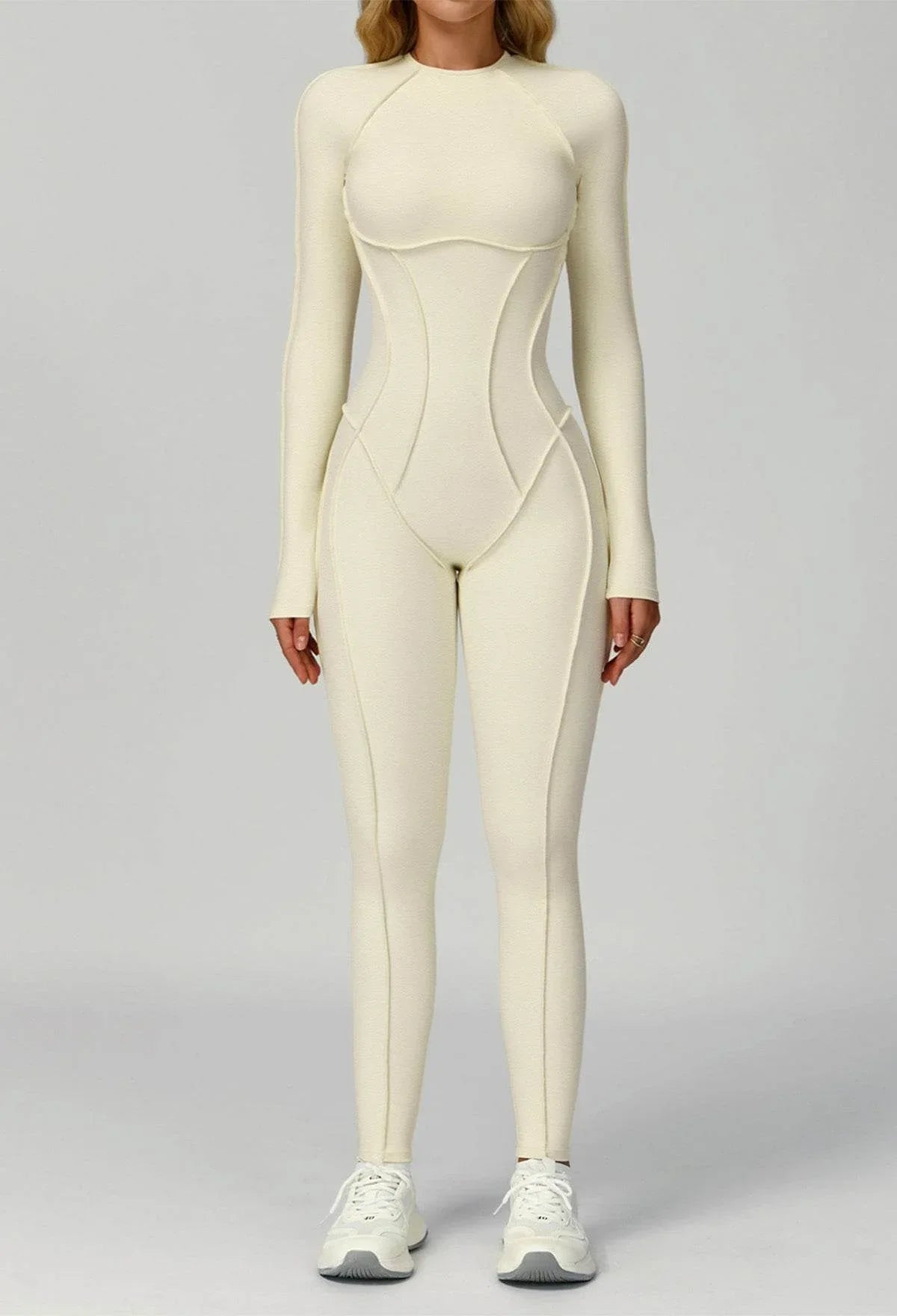 Long Sleeve Backless Yoga One Piece Jumpsuits - Cream Apricot