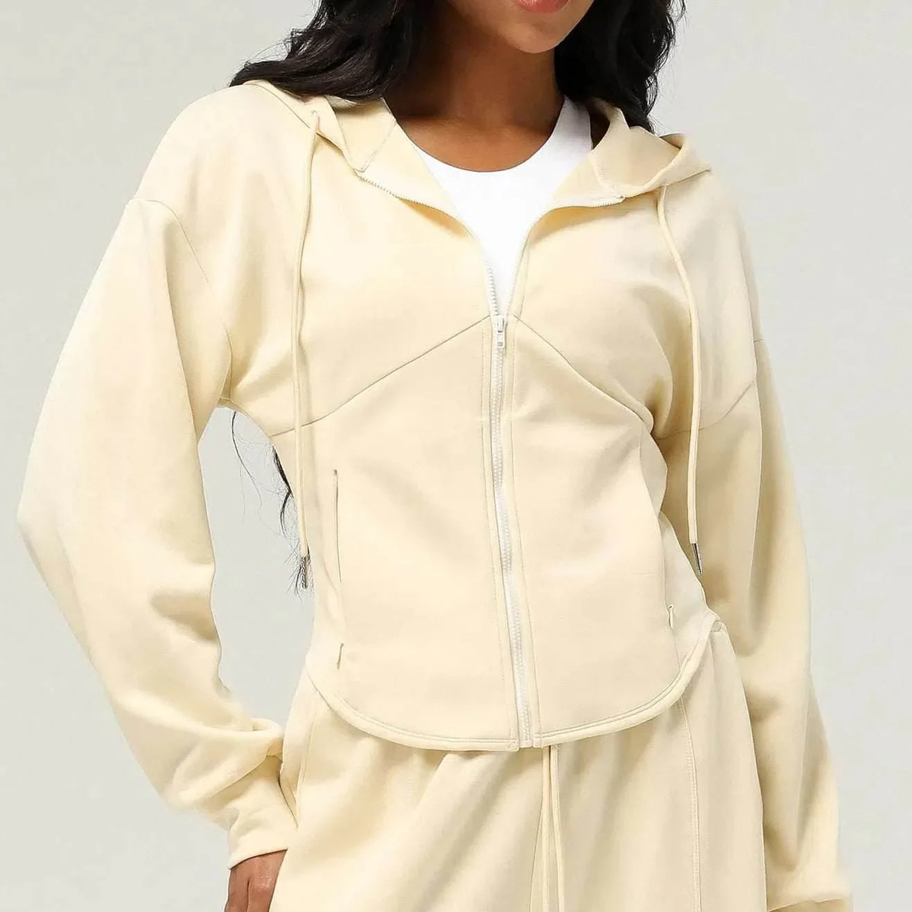 Long Sleeve Sports Coat With Hoodie - Cream Apricot