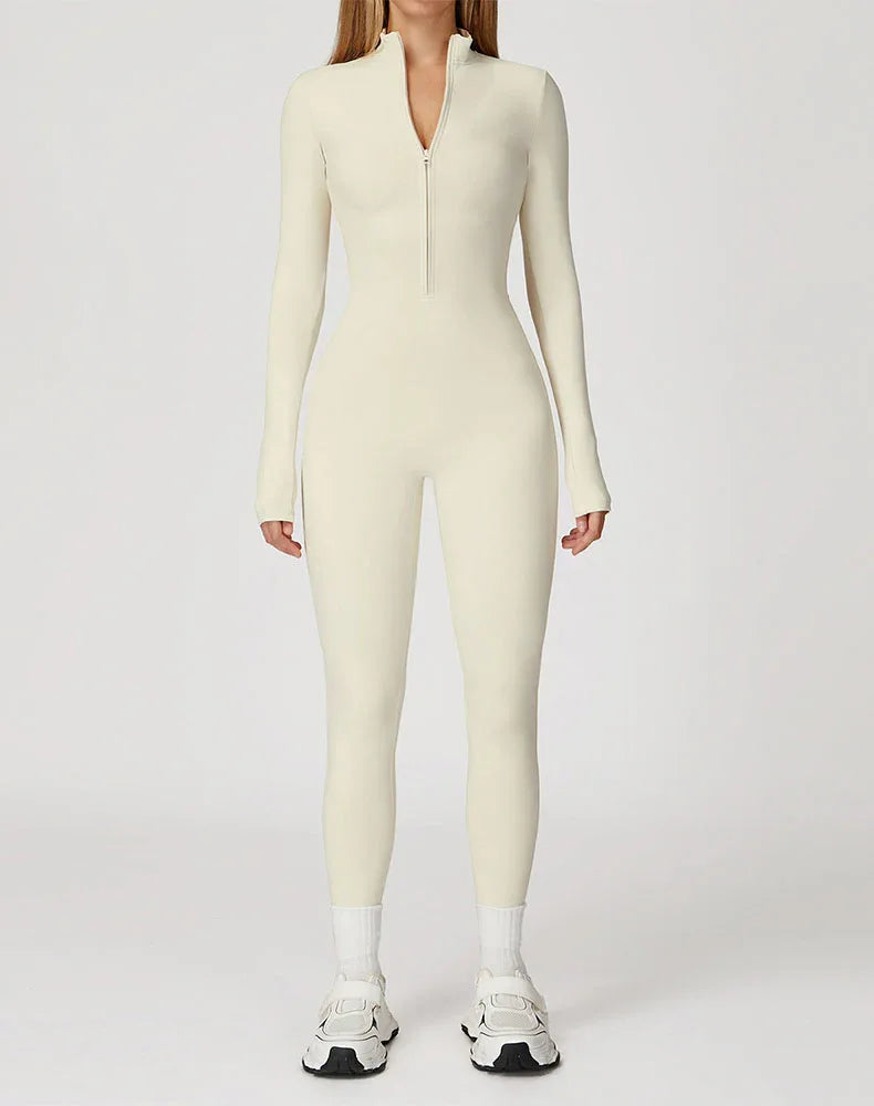 Long Sleeve Workout Jumpsuit Zip Up One Piece Bodysuit - Cream Apricot