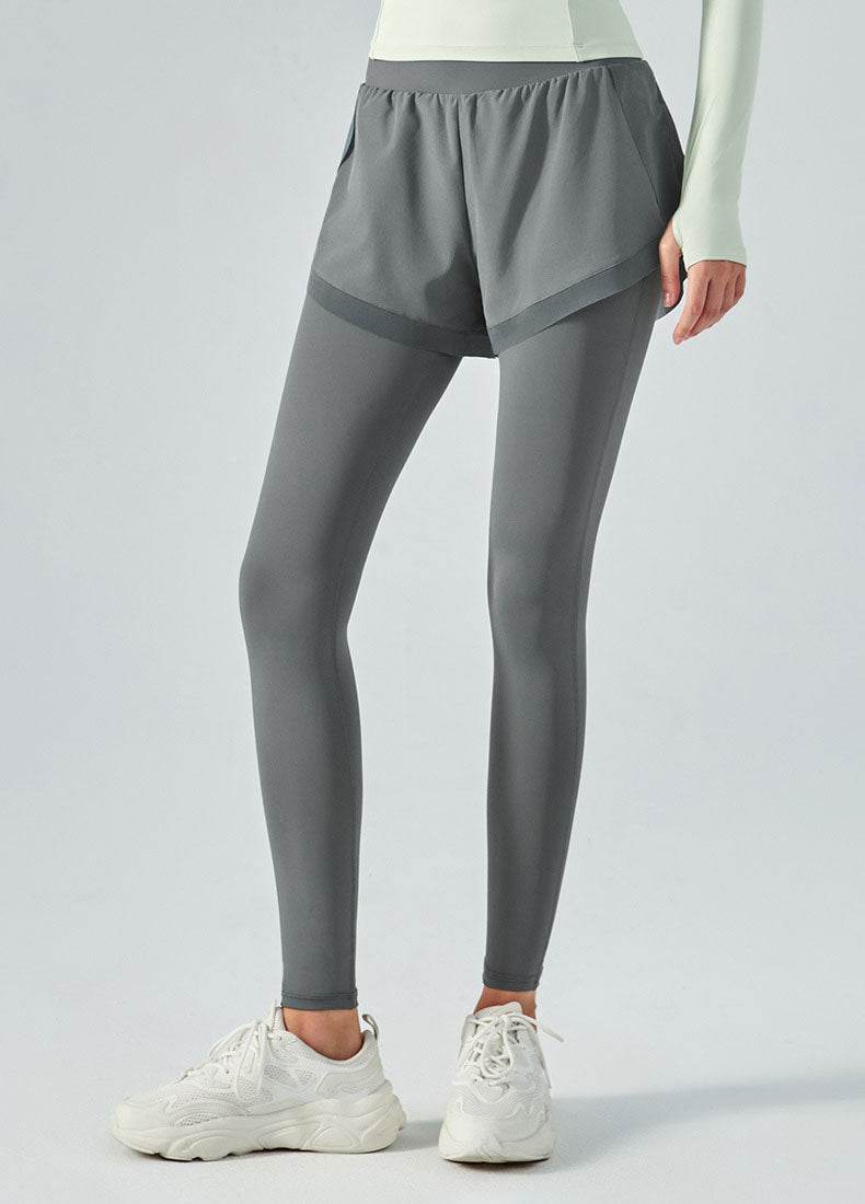 False Two Pieces Sports Leggings with Pockets Shorts