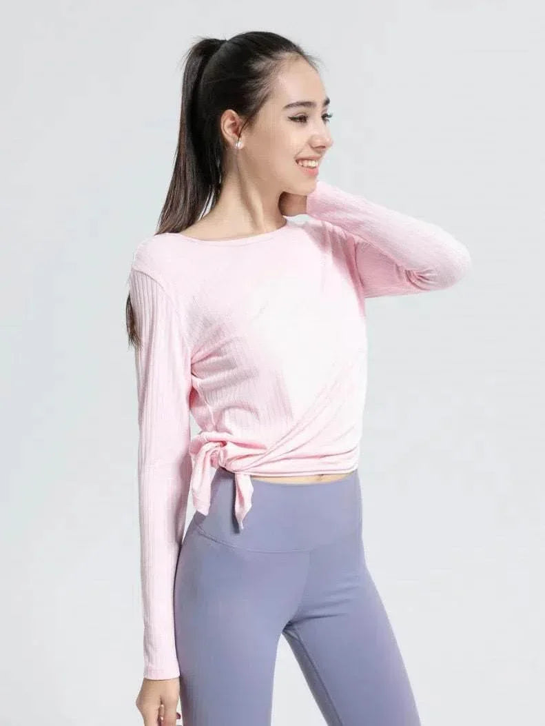 Long Sleeve Ribbed Sports T-Shirts - Rose Pink