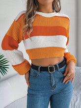 Colorblock Lantern Sleeve Crop Pullover Sweater