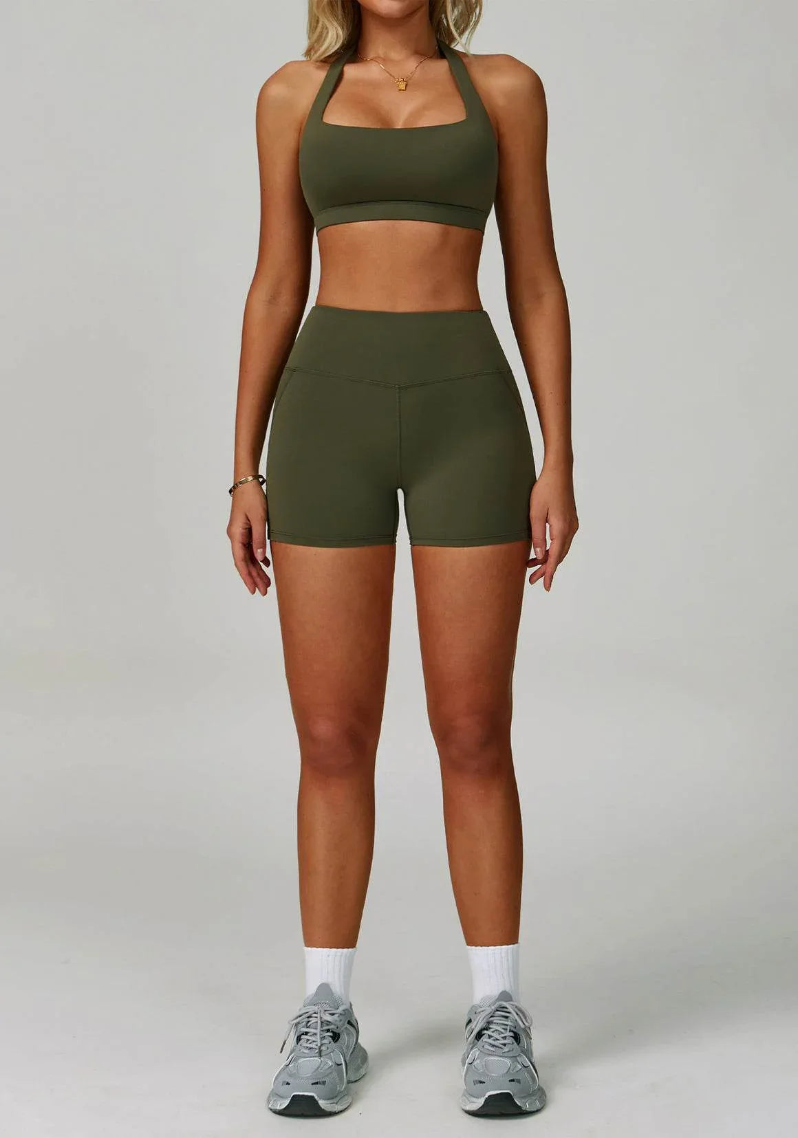 Activewear Set with Halter Sports Bra and Short - Green