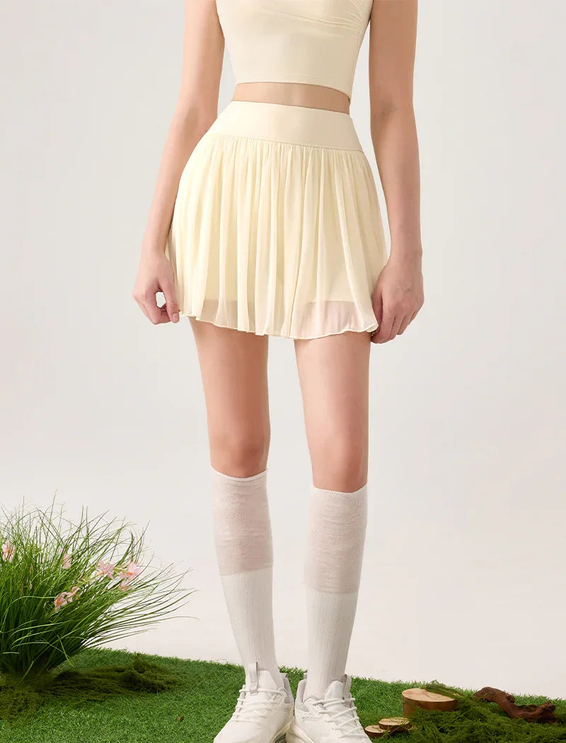 Mesh Sheer Pleated Skirt Tulle Skirt with Short and Pocket