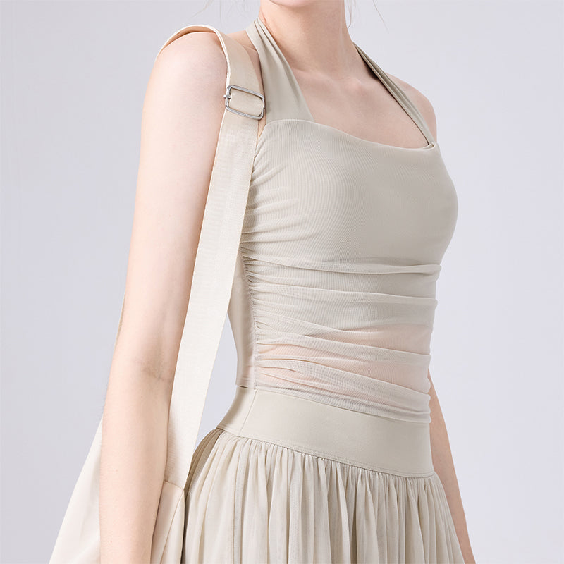 Halter Mesh Crop Tank Top Backless Slim Fit Sleeveless Shirt -