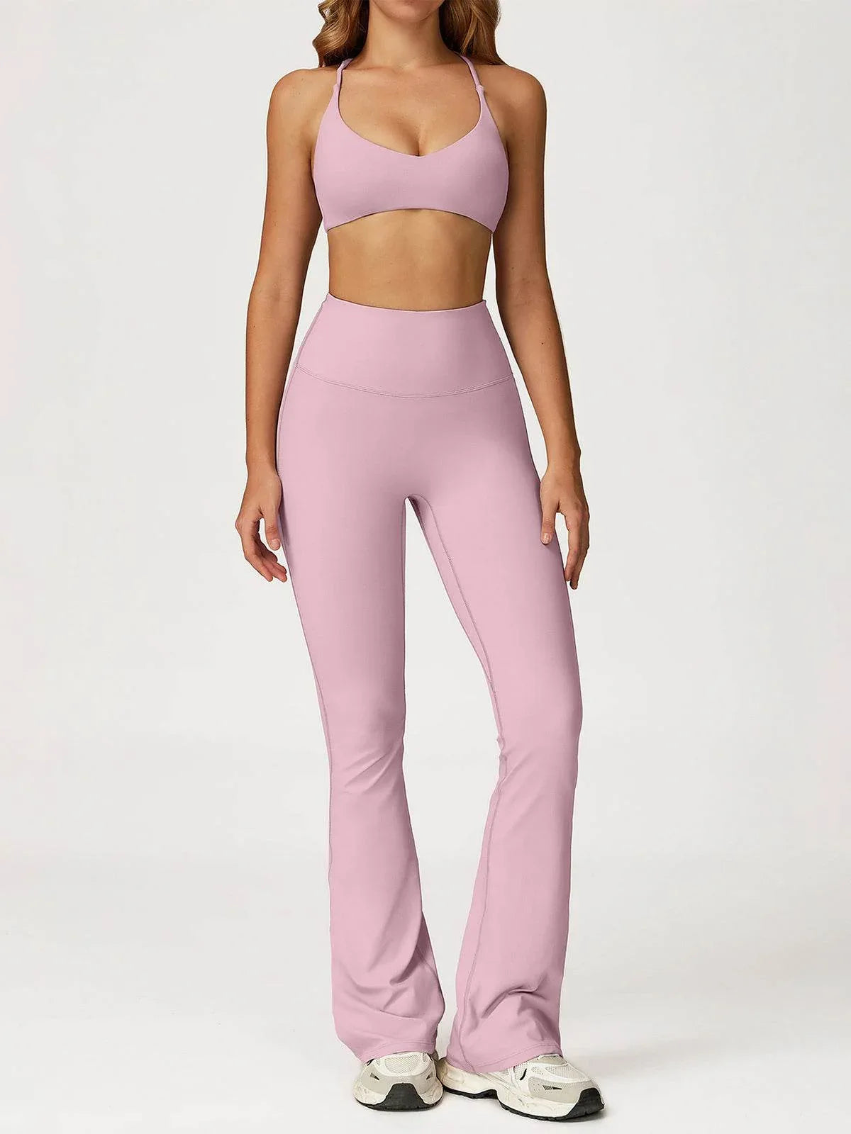 Activewear Sets with Cross Back Sports Bra and Flared Pant - Rose Purple